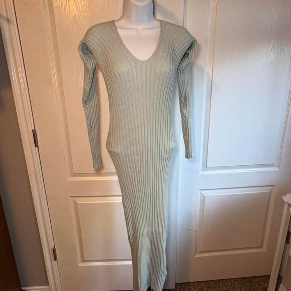 Ribbed V-Neck Long Sleeve Knit Dress - Cream